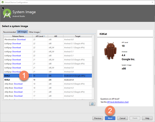 Android AVD Manager - Create System Image API Level 19